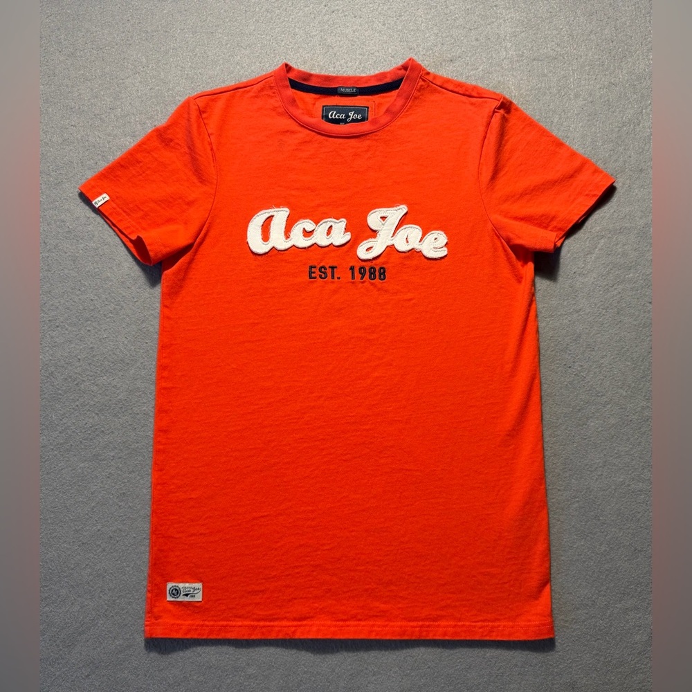 Aca Joe T-Shirt Men’s Small Orange Textured Logo Muscle Fit Short Sleeve Tee